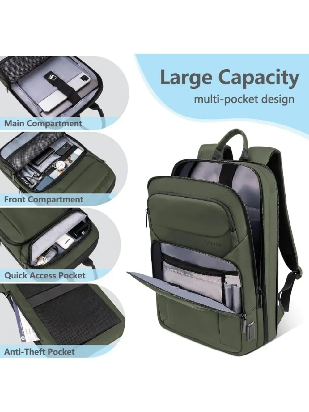 Slim Expandable Travel Laptop Backpack with USB Port, Water Resistant